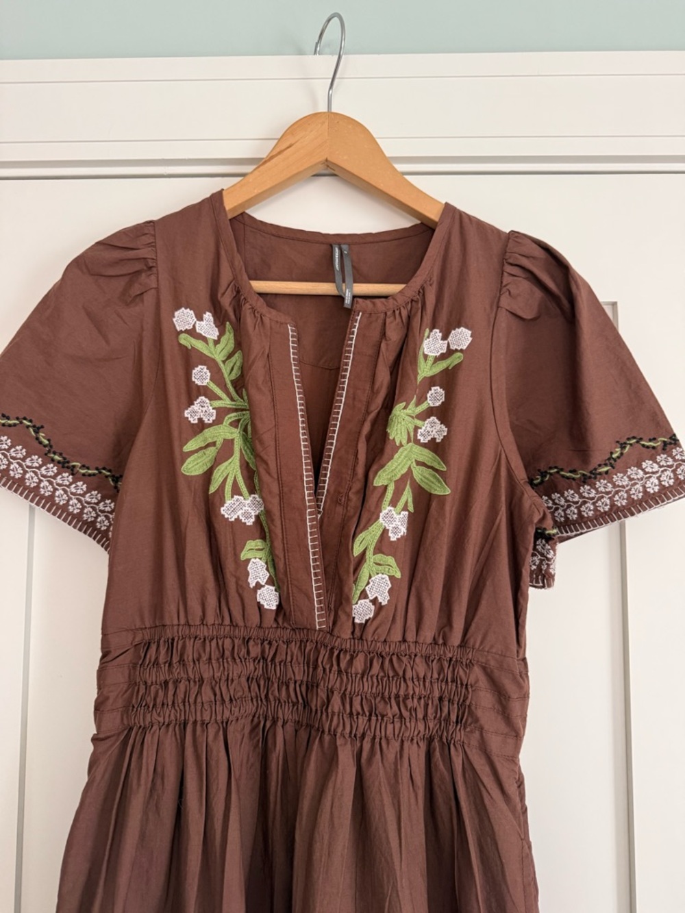 Anthropologie Somerset Brown Maxi Dress with Green & White Embroidery Size XS - Picture 2 of 11